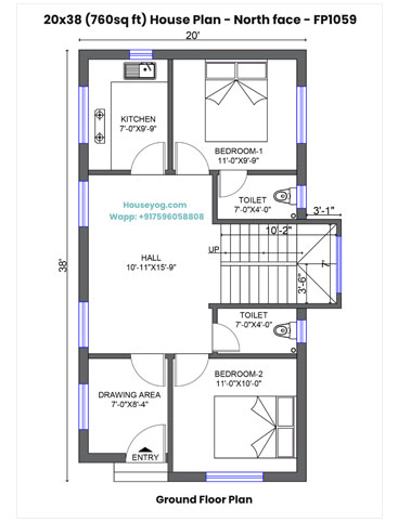 20x38 House Plan North Facing - 2 BHK with Separate Drawing Room & Duplex Stairs