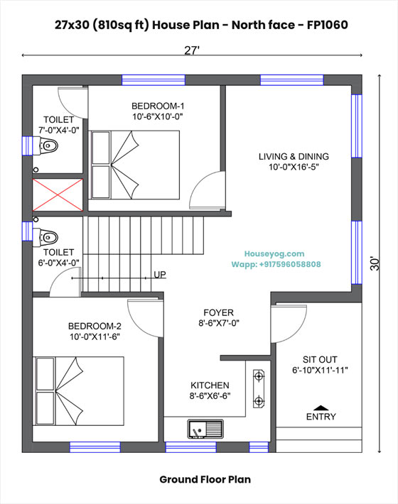 27x30 house plan north facing - 2 bhk with verandah, foyer & duplex staircase
