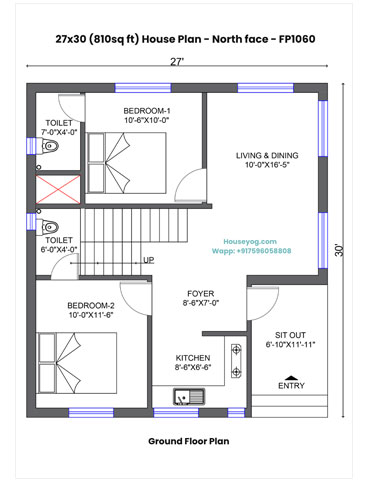 27x30 House Plan North Facing - 2 BHK with Verandah, Foyer & Duplex Staircase
