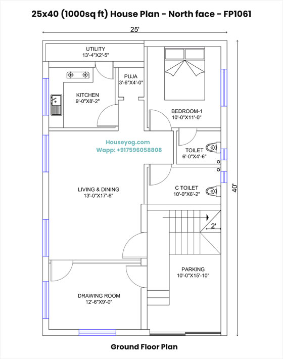 25x40 house plan north facing - 1bhk on ground floor for village