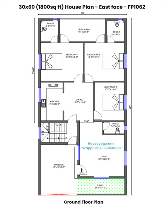30x60 house plan east facing - spacious 3 bhk with lawn and parking