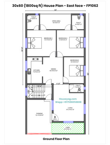 30x60 House Plan East Facing - Spacious 3 BHK with Lawn and Parking