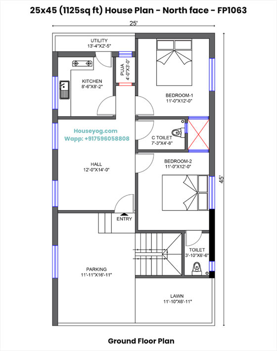 25x45 house plan north facing - 2 bhk single floor with hall, parking & lawn