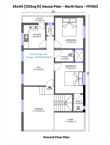 25x45 House Plan North Facing - 2 BHK Single Floor with Hall, Parking & Lawn