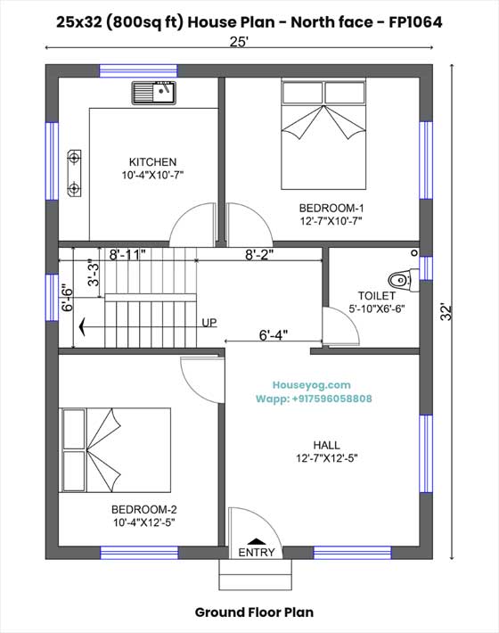 25x32 house plan north facing - smart 2 bhk design with spacious hall