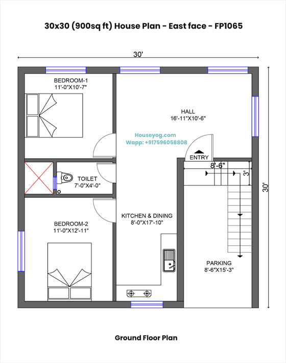 30x30 house plan east facing - 2 bhk with spacious hall and car parking