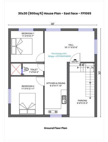 30x30 House Plan East Facing - 2 BHK with Spacious Hall and Car Parking
