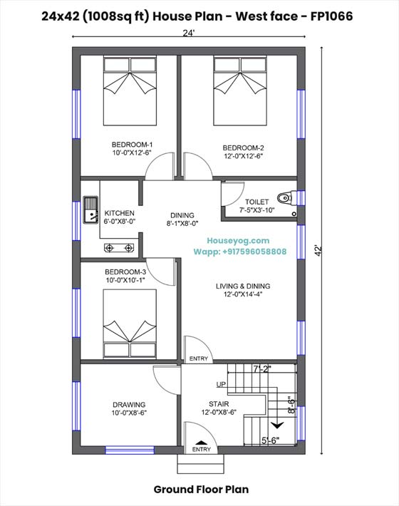 24x42 house plan west facing - 3 bhk living, dining & drawing room (1008 sqft)