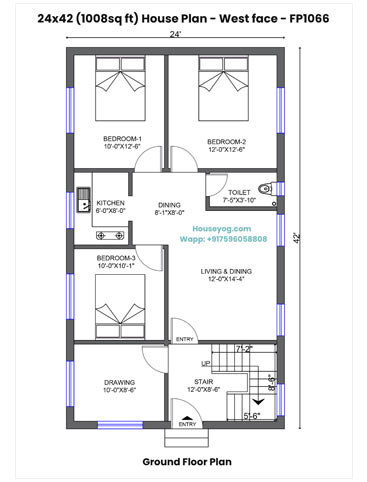 24x42 House Plan West Facing - 3 BHK Living, Dining & Drawing Room (1008 Sqft)