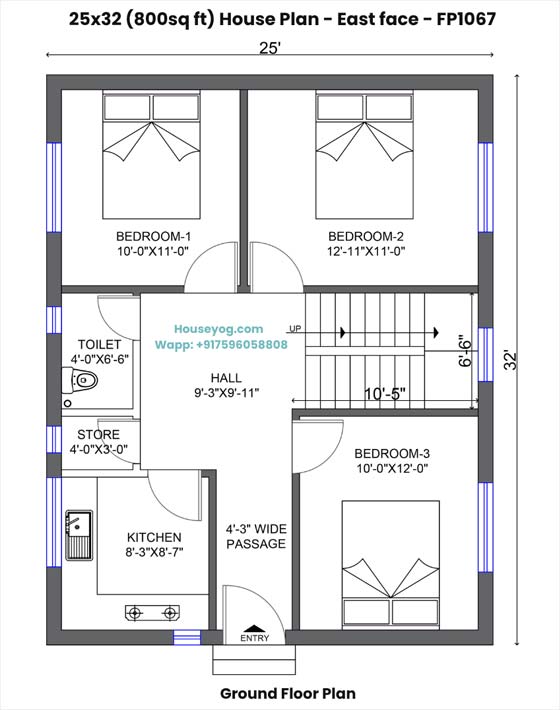 25x32 house plan east facing - compact 3bhk with kitchen store & hall (800 sqft)
