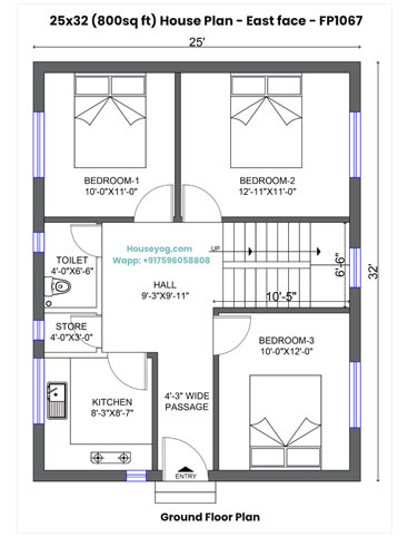 25x32 House Plan East Facing - Compact 3BHK with Kitchen Store & Hall (800 Sqft)
