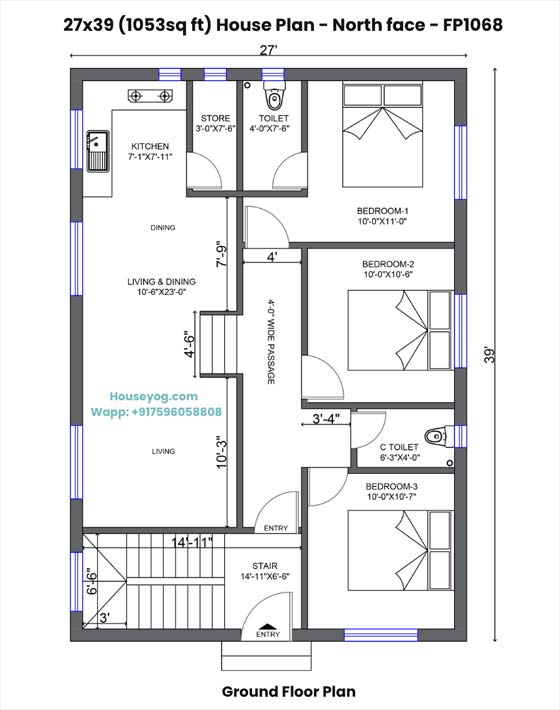 27x39 house plan north facing - 3bhk with 2 bath, kitchen store & spacious hall (1053 sqft)