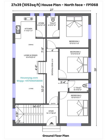 27x39 House Plan North Facing - 3BHK with 2 Bath, Kitchen Store & Spacious Hall (1053 Sqft)