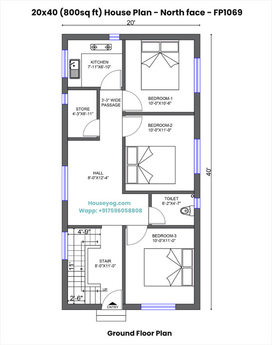 20x40 house plan north facing - spacious 3bhk for 800 sq ft plot (hazaribagh)