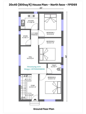 20x40 House Plan North Facing - Spacious 3BHK for 800 sq ft plot (Hazaribagh)