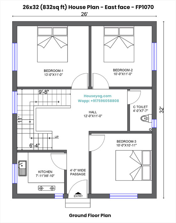 26x32 house plan east facing - 3bhk with spacious hall and kitchen (832 sqft)