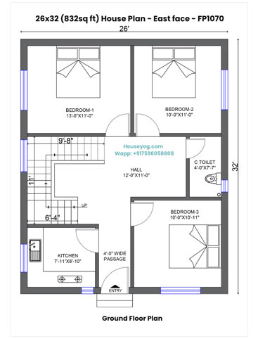 26x32 House Plan East Facing - 3BHK with Spacious Hall and Kitchen (832 Sqft)
