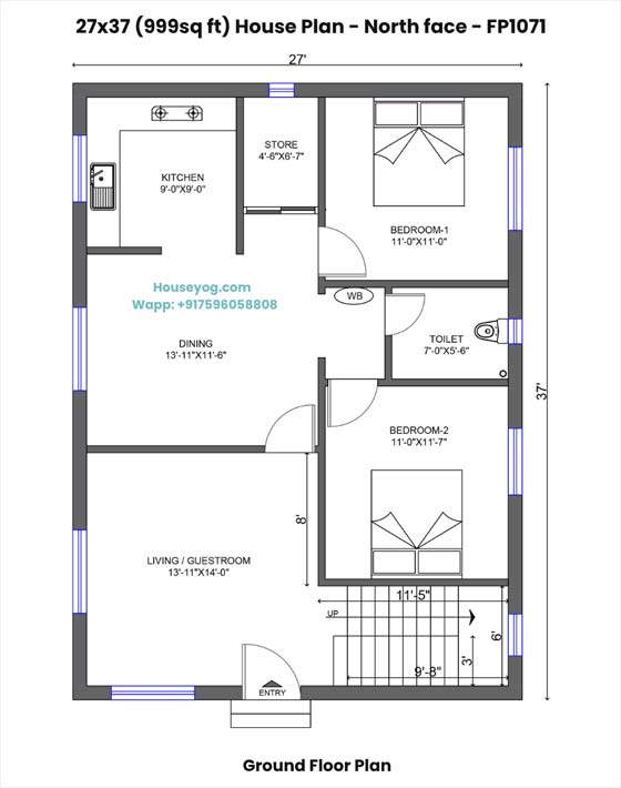 27x37 house plan north facing - 2bhk + guest room with kitchen & store (999 sqft)