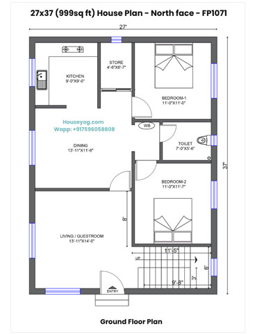 27x37 House Plan North Facing - 2BHK + Guest Room with Kitchen & Store (999 Sqft)