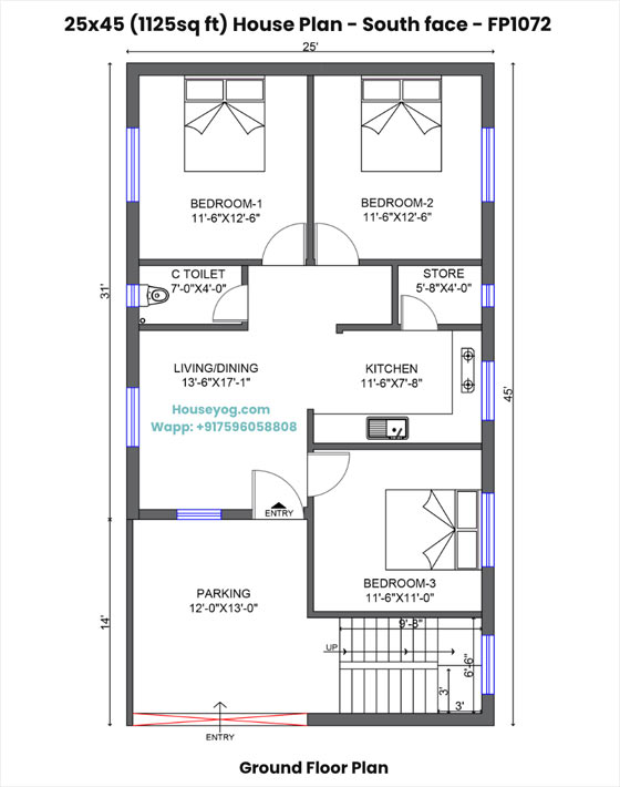 25x45 house plan south facing - 3bhk with store, car parking on 1125 sqft plot