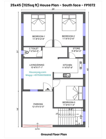 25x45 House Plan South Facing - 3BHK with Store, Car Parking on 1125 Sqft Plot