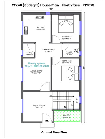 22x40 House Plan North Facing - 2 BHK with Store and Dalan on 880 Sqft Plot