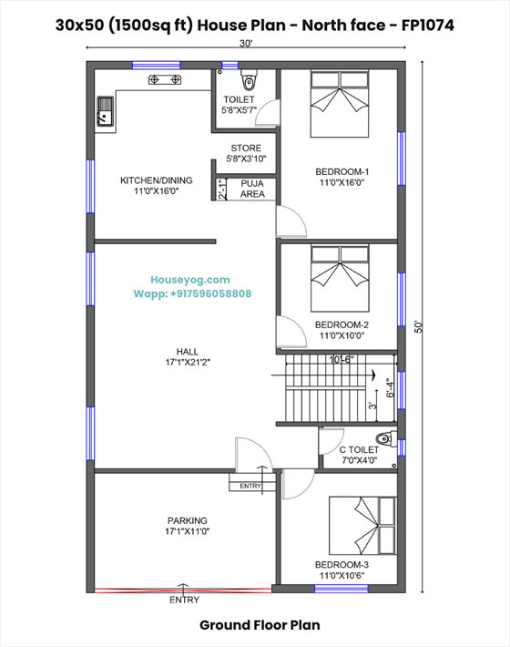 30x50 house plan north facing - 3 bhk with car parking, puja space & store on 1500 sqft