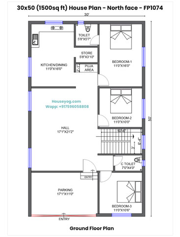 30x50 House Plan North Facing - 3 BHK with Car Parking, Puja Space & Store on 1500 Sqft