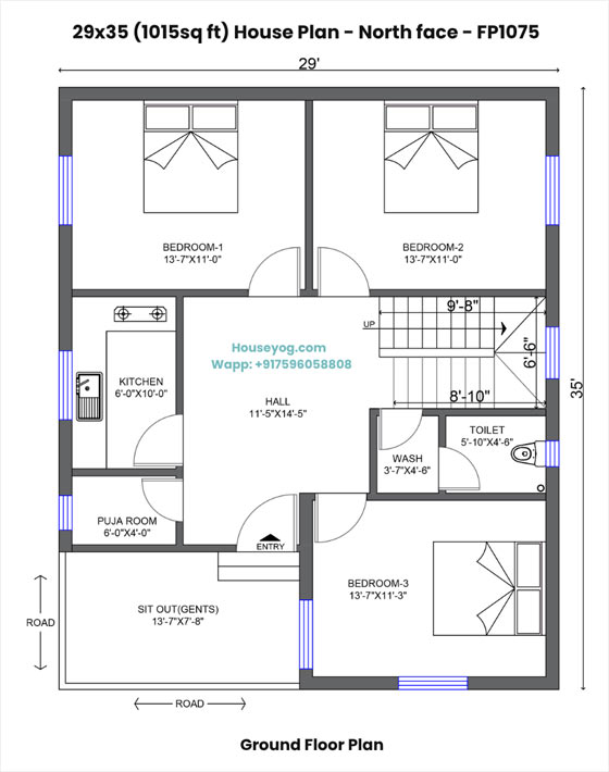 29x35 house plan north facing - 3 bhk with puja room and dalan (1015 sqft)