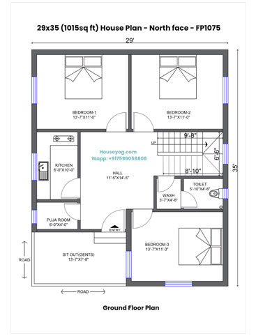 29x35 House Plan North Facing - 3 BHK with Puja Room and Dalan (1015 Sqft)