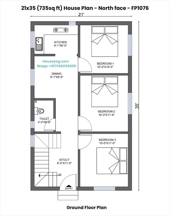 21x35 house plan north facing - 3 bedroom village home design on 735 sq ft