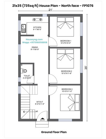 21x35 House Plan North Facing - 3 Bedroom Village Home Design on 735 Sq Ft