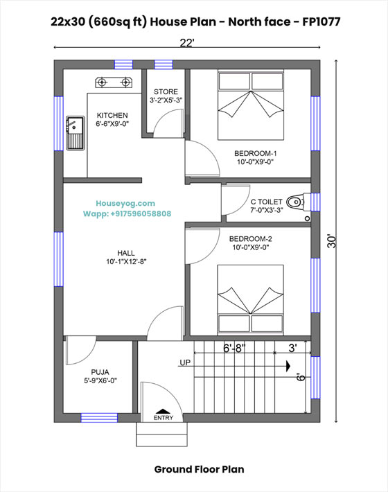 22x30 house plan north facing - 2 bhk with store & puja room on 660 sq ft