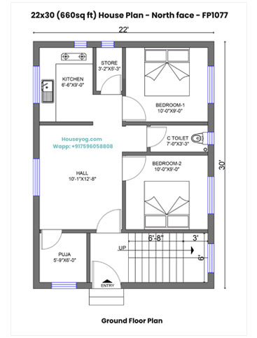 22x30 House Plan North Facing - 2 BHK with Store & Puja Room on 660 Sq Ft