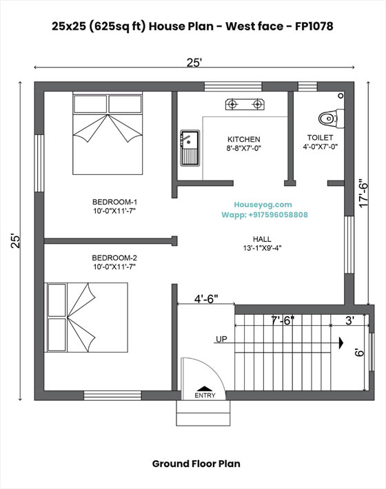 25x25 house plan west facing - 2 bhk small house design on 625 sq ft plot