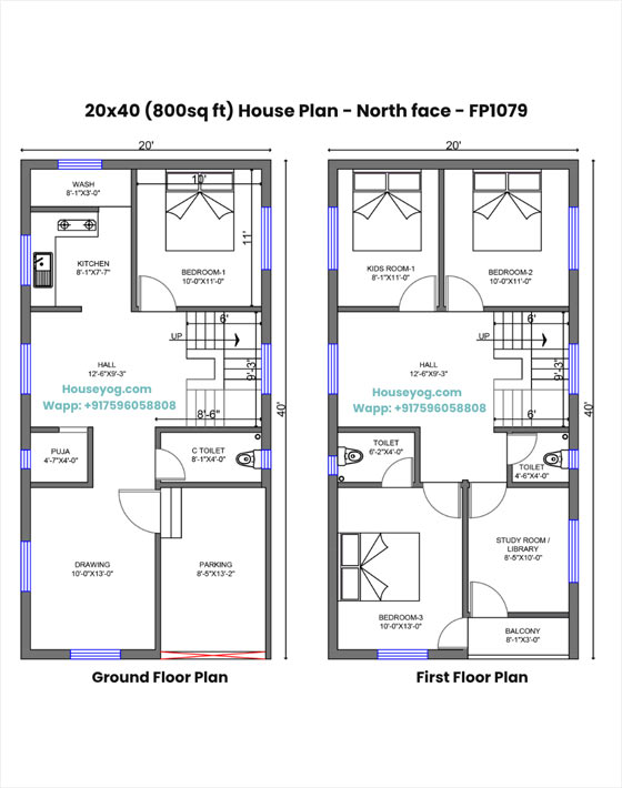 20x40 house plan north facing - 4 bhk duplex with puja room, study & parking on 800 sq ft plot