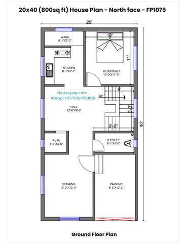 20x40 House Plan North Facing - 4 BHK Duplex with Puja Room, Study & Parking on 800 Sq Ft Plot
