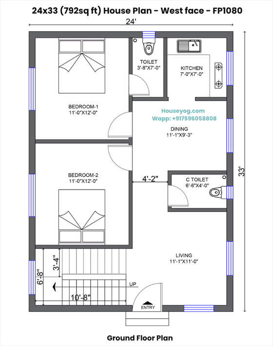 24x33 house plan west facing - 2 bhk with dining hall & 2 bathrooms on 792 sq ft