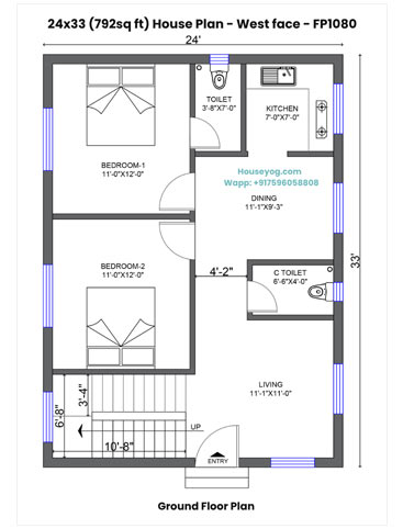 24x33 House Plan West Facing - 2 BHK with Dining Hall & 2 Bathrooms on 792 Sq Ft