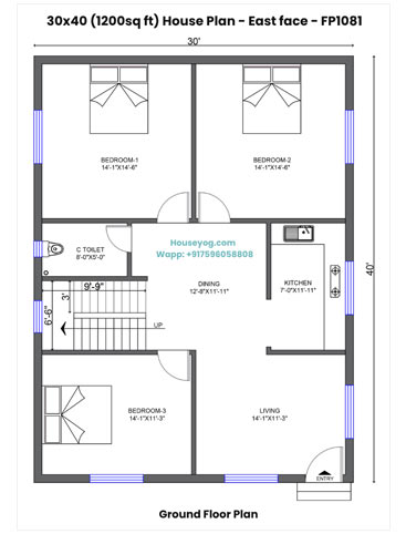 30x40 House Plan East Facing - Simple & Spacious 3 BHK on 1200 Sq Ft Plot