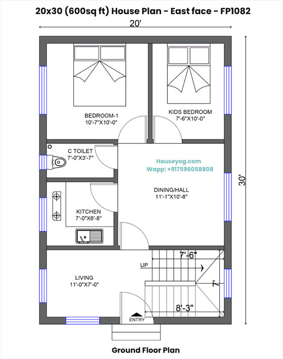 20x30 house plan east facing - 2bhk design for village plot (600 sq ft)