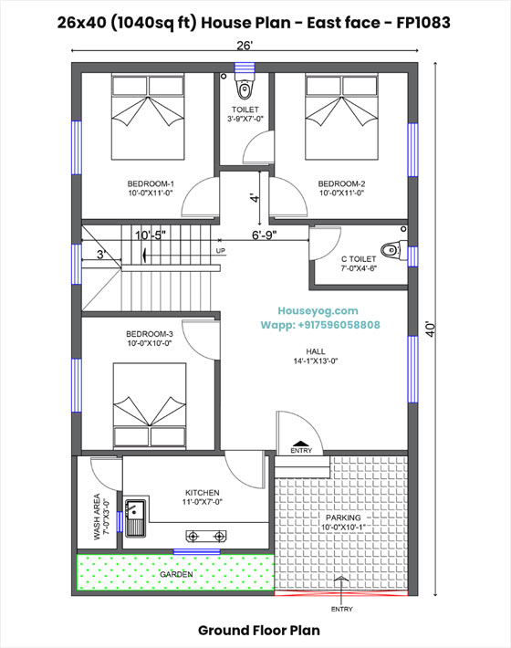 26x40 house plan east facing - 3bhk duplex with parking & garden (1040 sq ft)