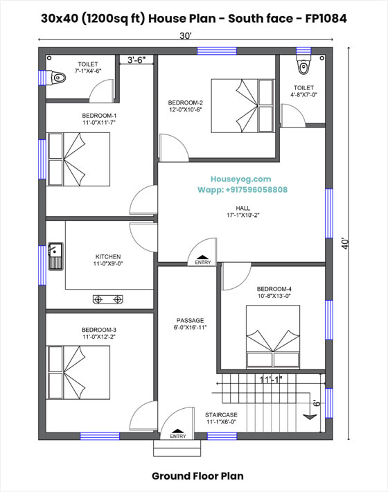 30x40 house plan south facing - spacious 4bhk layout on 1200 sq ft plot