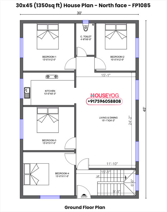 30x45 house plan west facing - spacious 4bhk design on 1350 sq ft plot