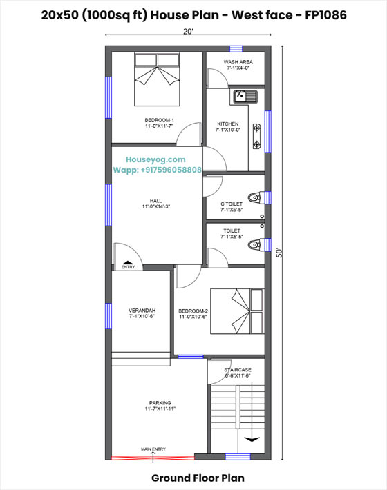 20x50 house plan west facing - 2bhk design with parking on 1000 sq ft plot
