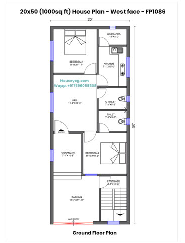 20x50 House Plan West Facing - 2BHK Design with Parking on 1000 sq ft Plot