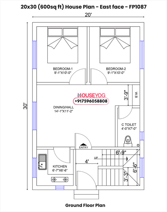 20x30 house plan east facing - efficient 2bhk design on 600 sq ft plot