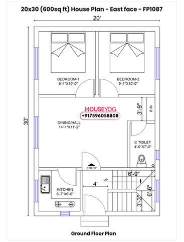 20x30 House Plan East Facing - Efficient 2BHK Design on 600 sq ft Plot