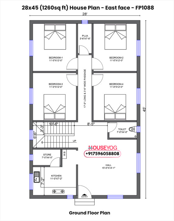 28x45 house plan east facing - 4bhk with puja & store room on 1260 sq ft plot