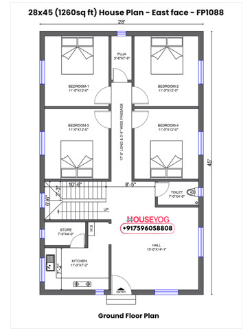 28x45 House Plan East Facing - 4BHK with Puja & Store Room on 1260 sq ft Plot